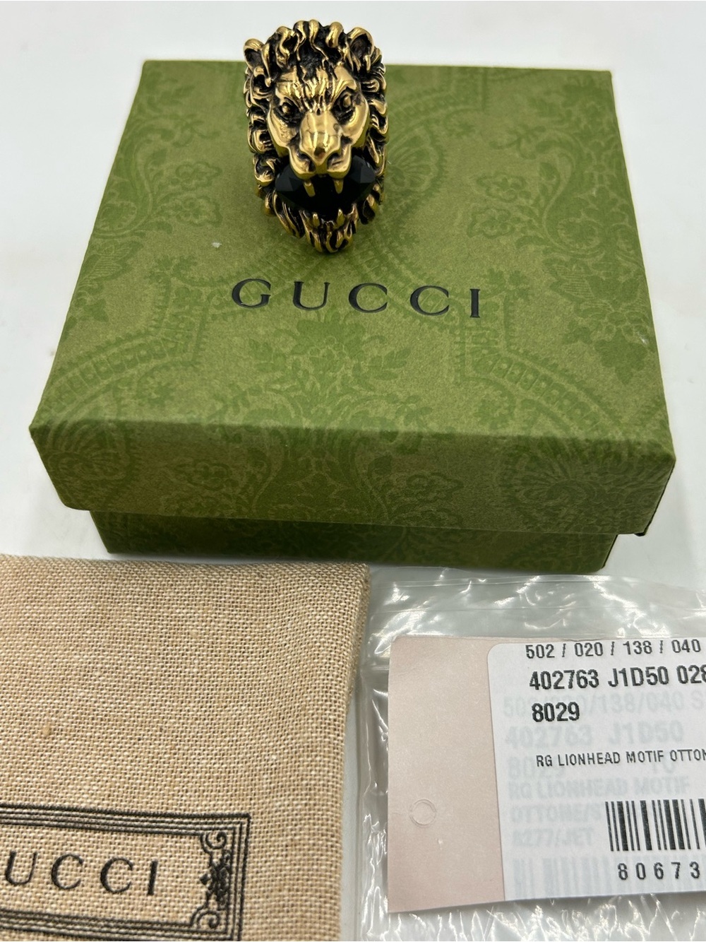 Unisex Gucci Lion Head Ring in Antique Gold finish size 5, made in Italy
